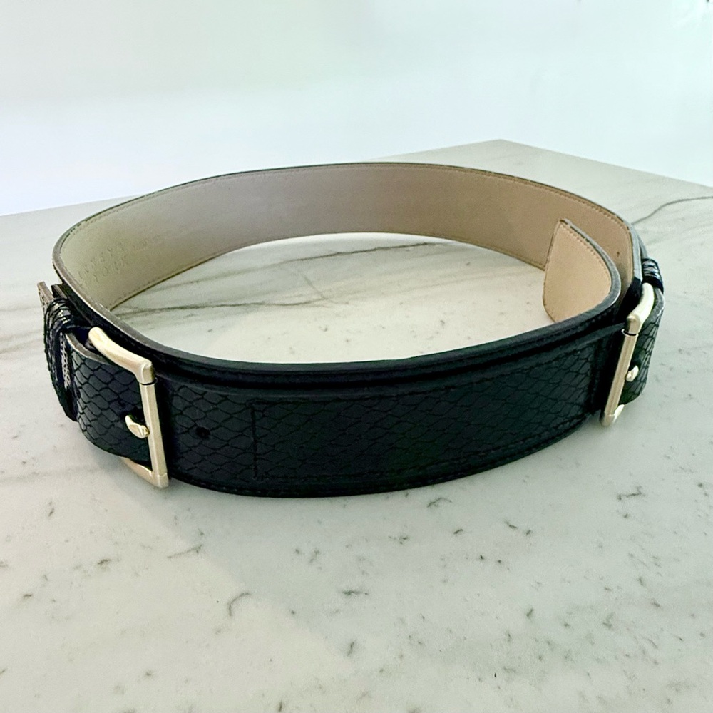 Barney’s Black & Gold Embossed, Patent, Double Buckle Leather Belt